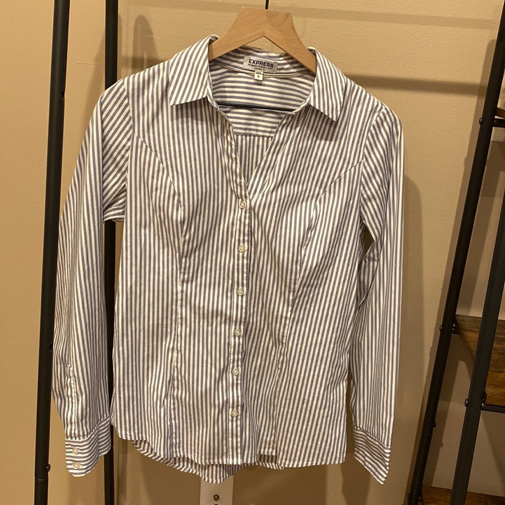 Grey pinstripe womens business casual blouse